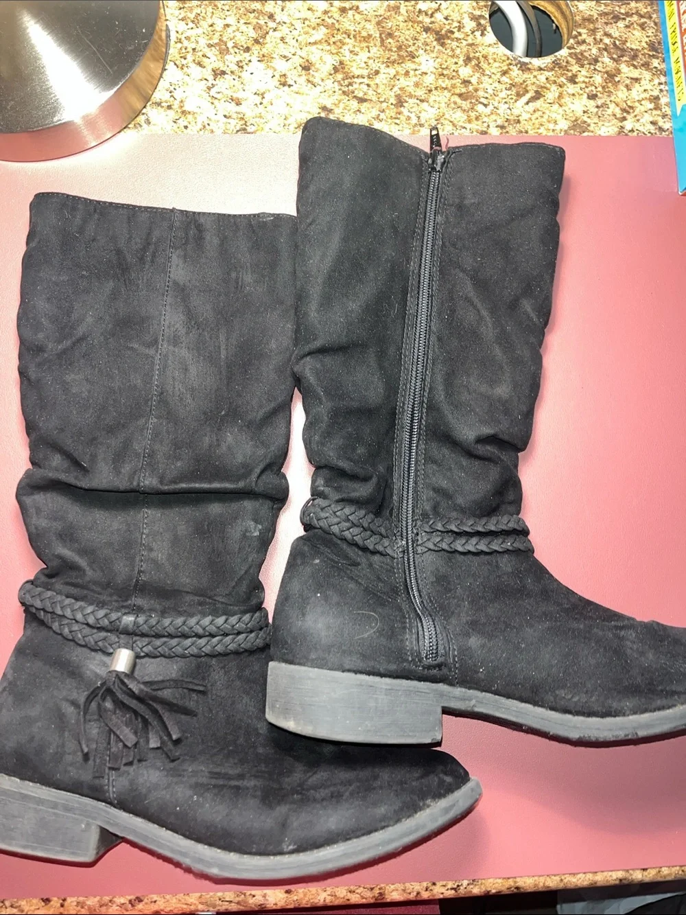 Girls' Black Suede-Look Braided Mid-Calf Boots